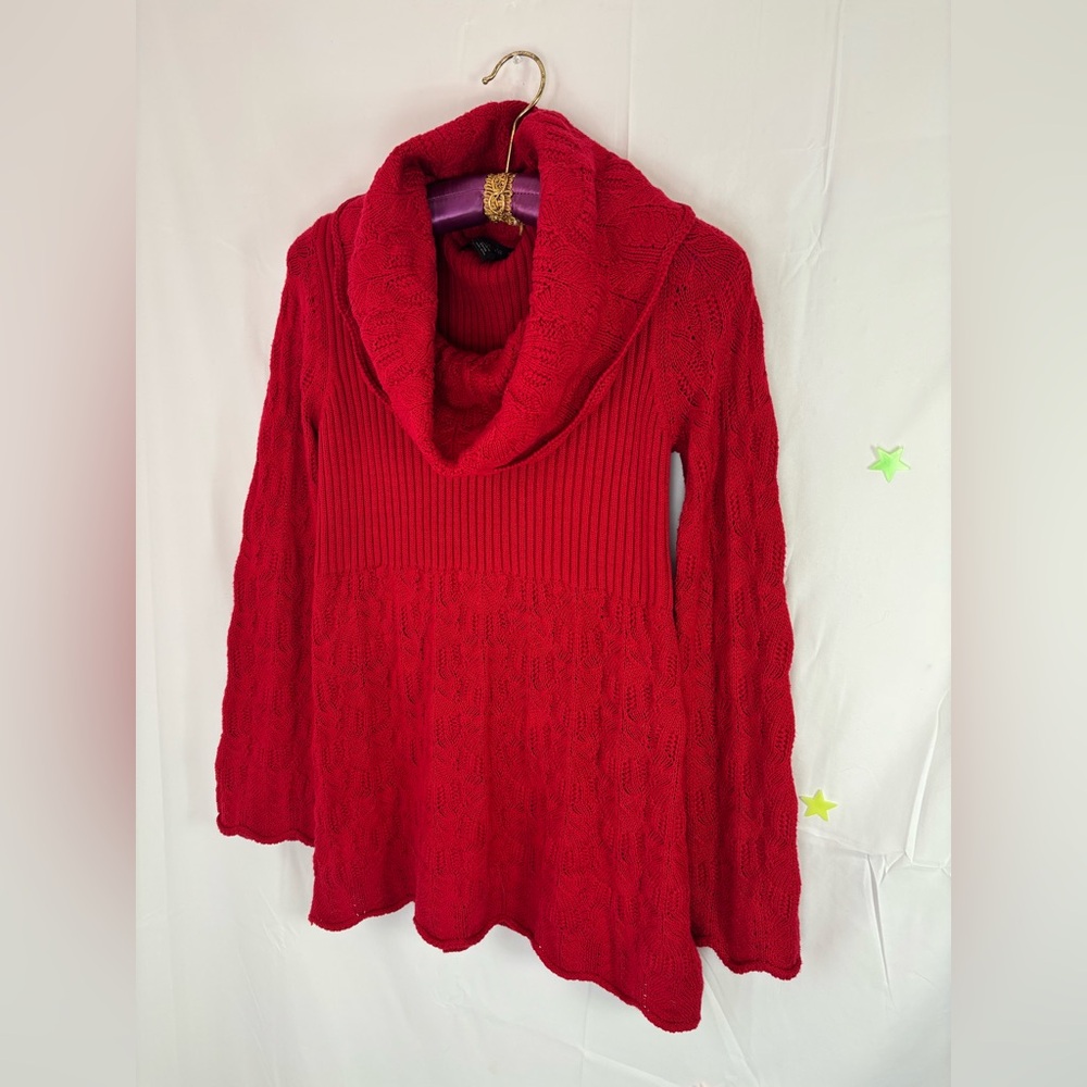 Y2K Red Cotton Blend Knit Bell Sleeve Babydoll Cowl Neck Sweater Women’s Size S‎